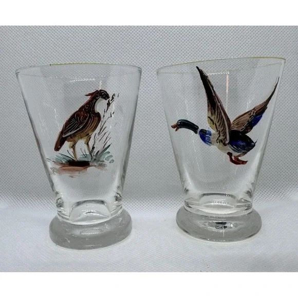 VTG 50s Wildlife Game Bird Shot Cordial Glasses MCM Barware Set Of 2 Duck Quail