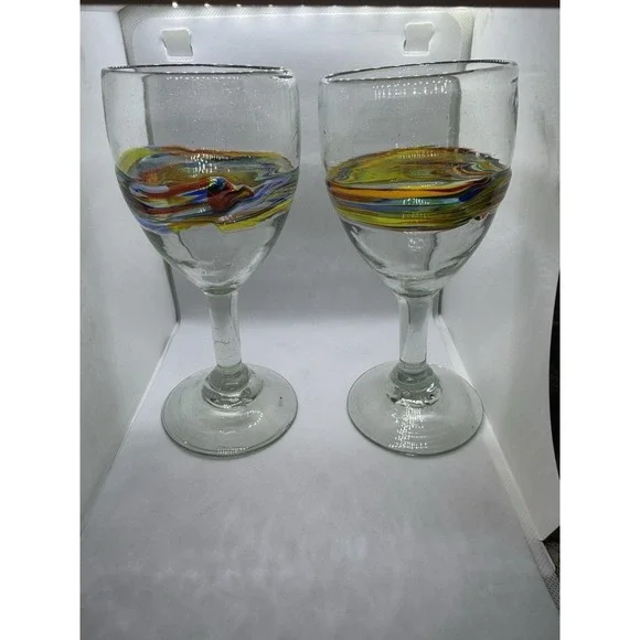 VTG Handblown Mexican Recycled Glass Wine Goblets Set of 2 – Confetti Band