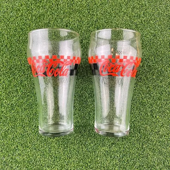 Vintage Coca-Cola Checked Bell Shaped Soda Glasses Lot