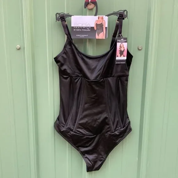 Women's Black Satin Sculpting Shapewear Corset Bodysuit Size S