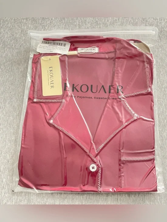 Ekouaer Satin Short Sleeve Button Front Pajama Top & Shorts Set Size Large NWT