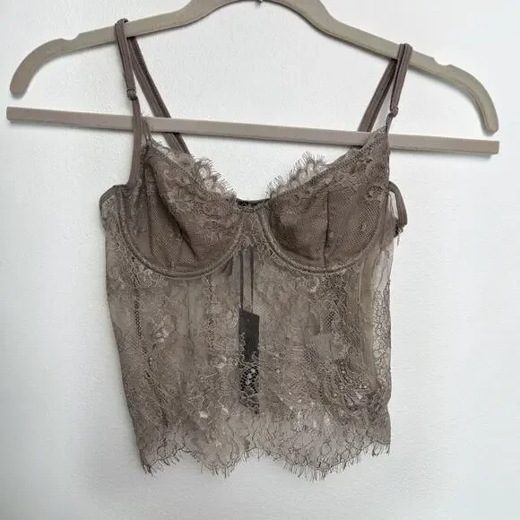 Priceless Lace Bustier Corset Top NWT XS Taupe Sheer Underwire Cami Y2K Coquette