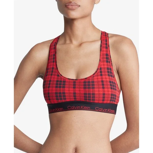 Calvin Klein Women's Modern Cotton Unlined Wireless Bralette Red Plaid‎ Rouge M
