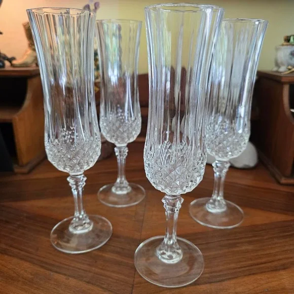 CRISTAL D'ARQUES Longchamp Crystal Champagne Flutes Set 4 French‎ Stemware