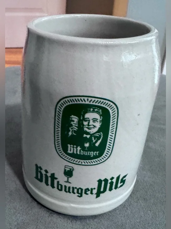 Bitburger Pils Ceramic Beer Stein - White with Green Logo
