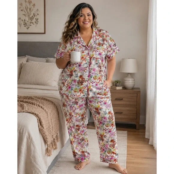 Cynthia Rowley Sleepwear Large 2 Piece Pajama Set Short Sleeve Floral Pink