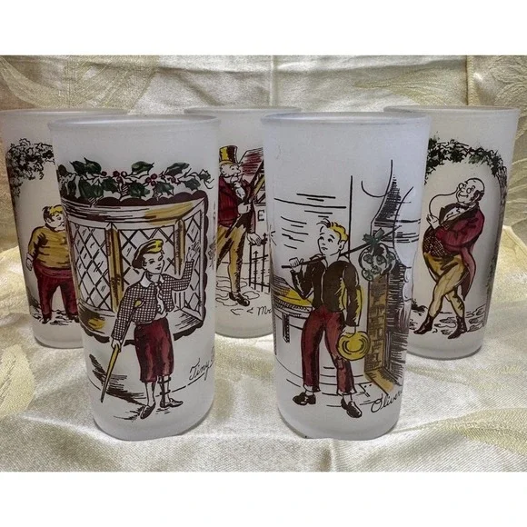 Set 5 Hazel Atlas Charles Dickens Character Frosted Glass Tumblers  5.5