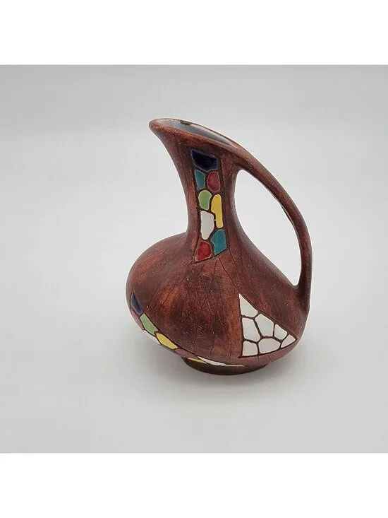 Vintage MCM Keramos Made in Israel Judaica Pottery Mosaic Ewer Pitcher