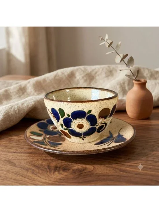 Vintage Tonala Mexico Studio Pottery Cup Saucer Set Signed Blue Butterfly 6