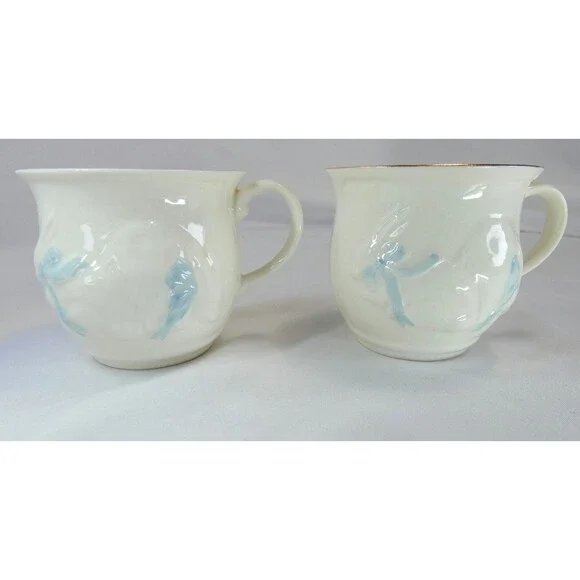 2 BELEEK Nursery Baptism Christening Cups Porcelain w Gold Ireland Bunny Twins