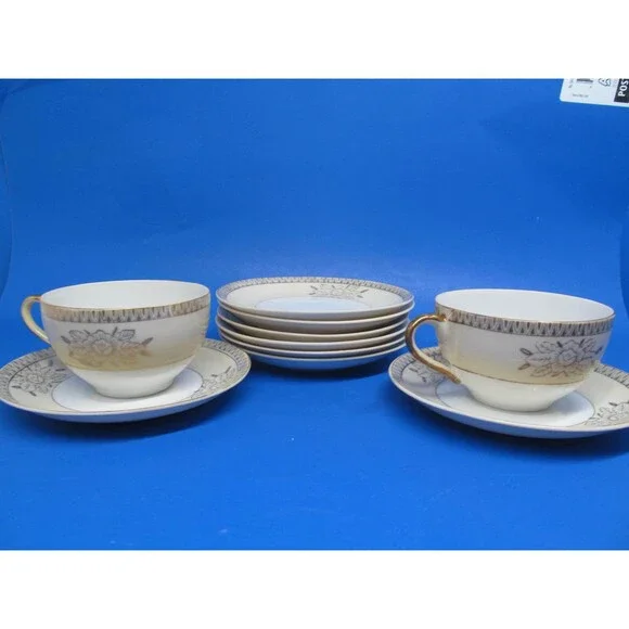Chikaramachi Japan Vintage Set Of 2 Cups And 8 Saucers CHK3 Pattern Gold Trim GC