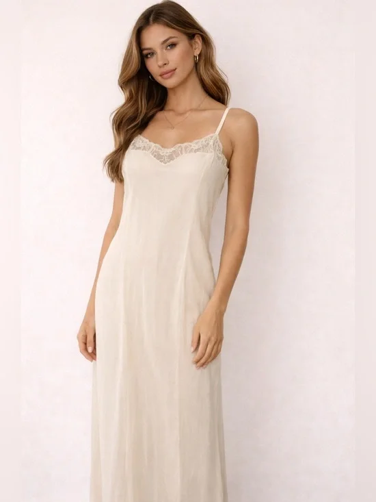 Vintage Maidenform Sheer Lace Trim Slip Dress Cream‎ Size L