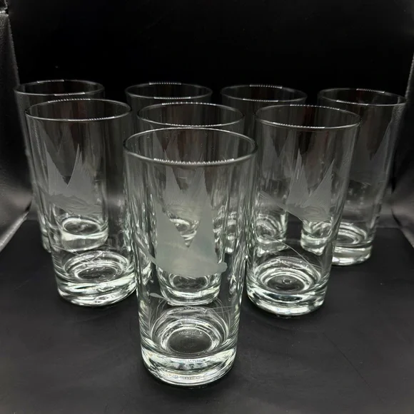 VTG Mid-Century Etched Flying Geese Highball Glasses‎ - Set of 8 - MCM Barware