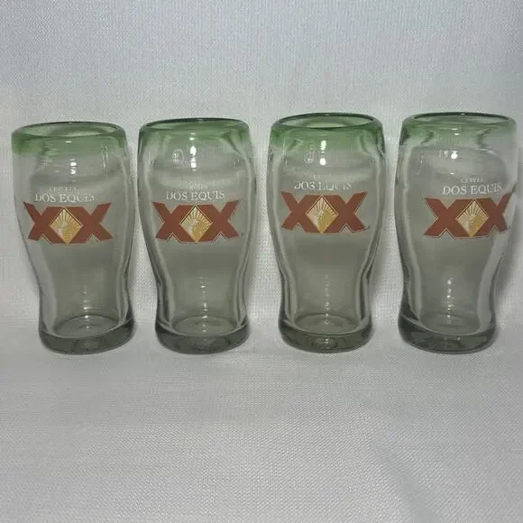 Dos Equis XX Hand Blown Beer Glasses Heavyweight Thick Bubbles Green Rim Set 4