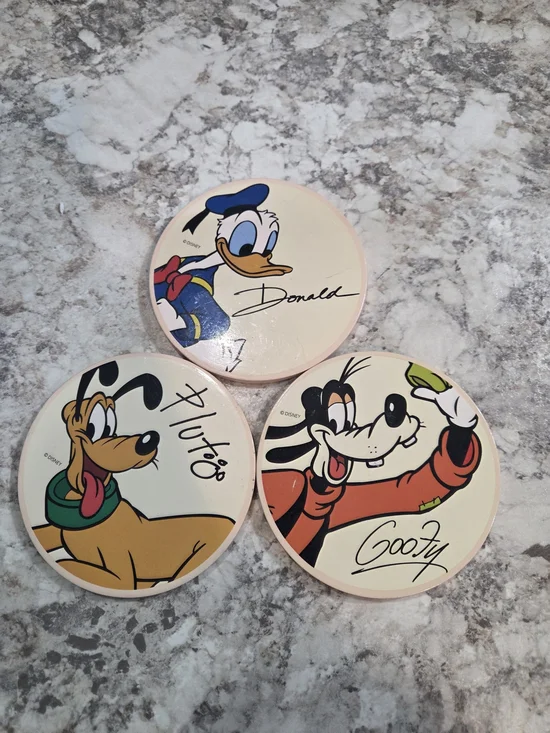 Vintage SET of 3 Official WALT DISNEY CHARACTERS CERAMIC DRINK COASTERS EC