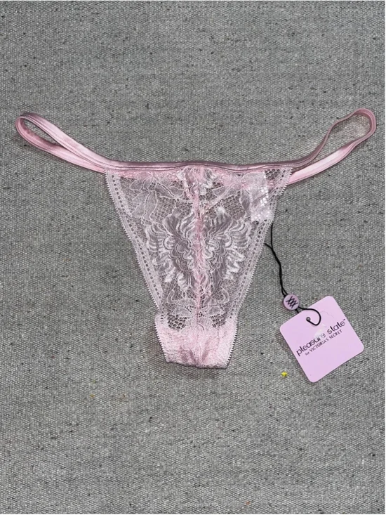 Pleasure State Pink Crystal Keyhole Lace Shiny Satin String Thong Panties L New