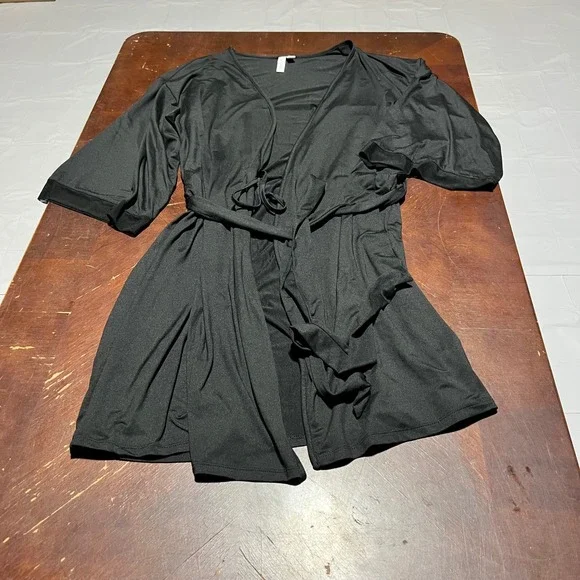 Joyspun Black Wrap Robe Short Mesh Trim Sleeves Recycled Knit L-XL JS0395670CA