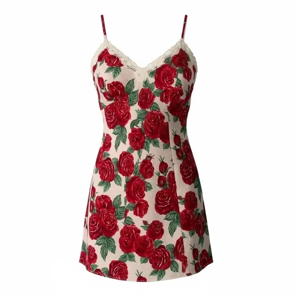 Vintage Victoria Secret Gold Label Red Rose Print Teddy Size M Medium