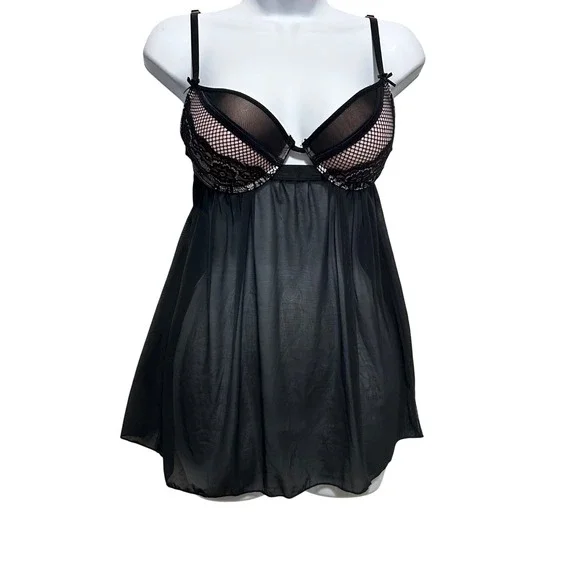 Black Sheer Mesh Babydoll Lingerie M Underwire Lace Fishnet Trim Chemise Nightie