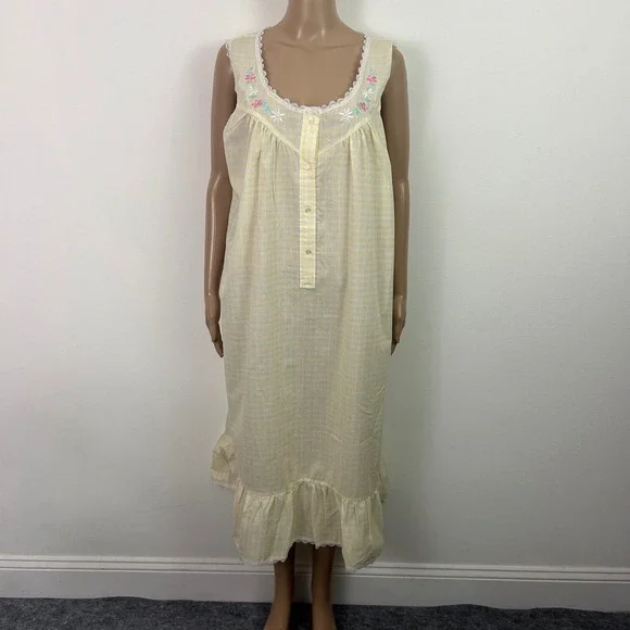 Barbizon Nightgown Yellow Gingham Floral Embroidered Lace Trim Large Vintage NEW