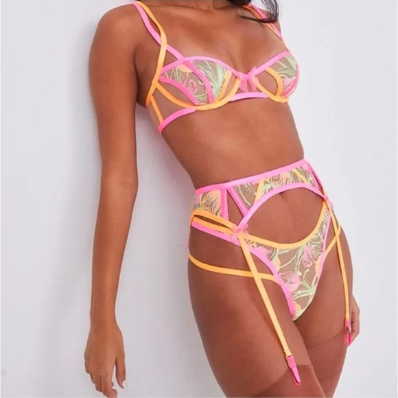 For Love & Lemons Neon Pink Orange Lace Garter Belt Size S New