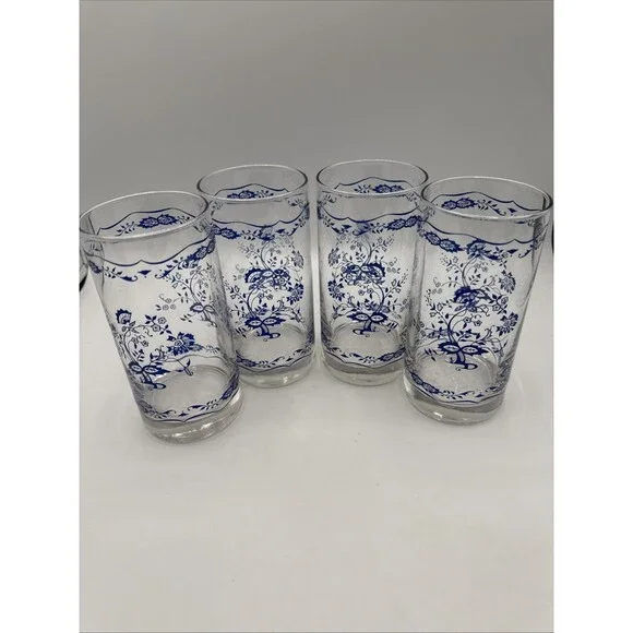 Vintage Libbey Corelle Blue Floral 1985 12 Oz Tumblers Set 4 Blue Onion Style