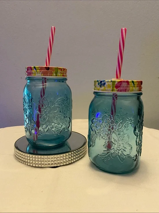 Blue Teal Embossed Mason Jar Tumblers with Floral Lids