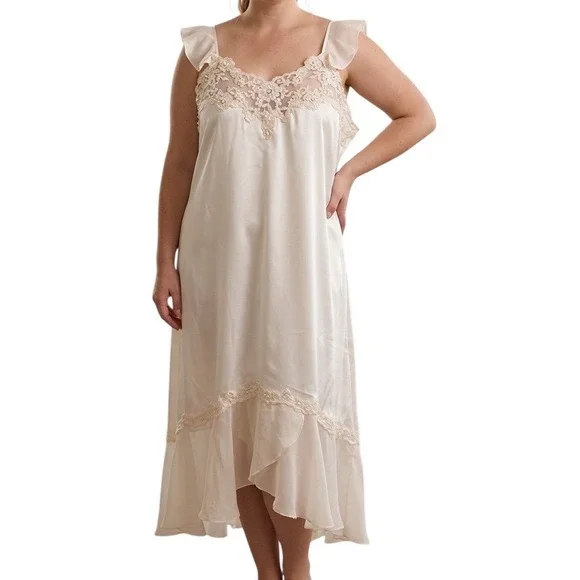 Dentelle Tina Pink Satin Lace Pearl Nightgown Plus 3X Bridal Romantic Chemise