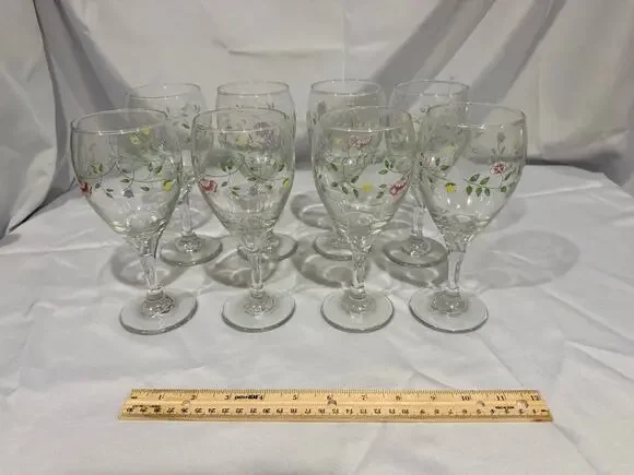 Set of 8 Vintage Libbey Floral Stemmed Wine Glasses Pastel Flower Vine Pattern