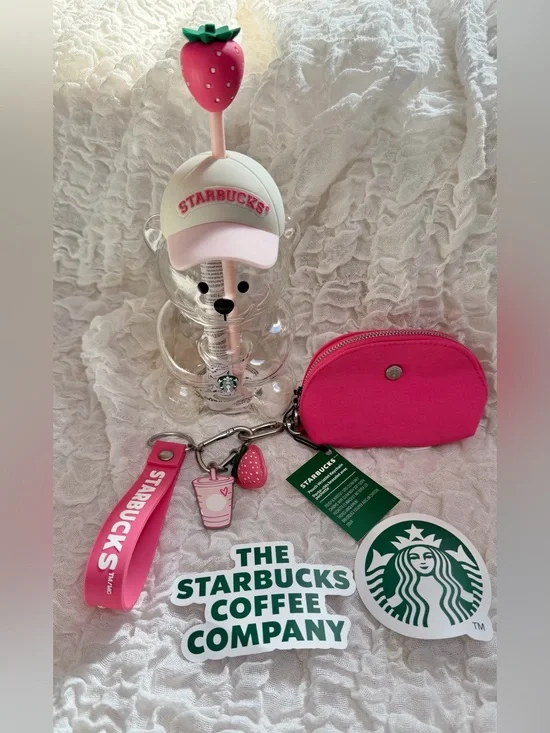 Starbucks Pink Bearista Glass Cup and Pink Pouch Keychain Bundle - Authentic
