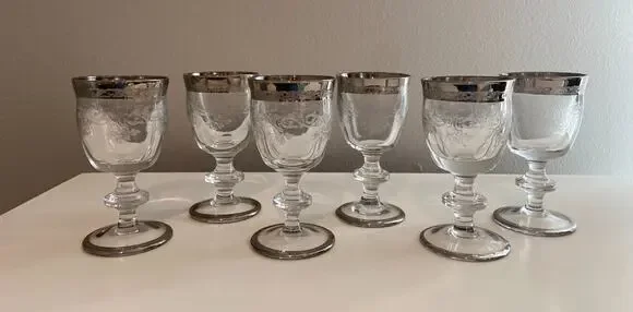 Vintage Murano Medici Small Liquor MCM Crystal Glasses, Platinum Rim, Set of 6