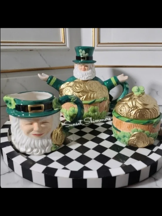 3pc St Patrick's Day Lucky Shamrock Leprechaun Pot O' Gold Teapot Sugar Creamer