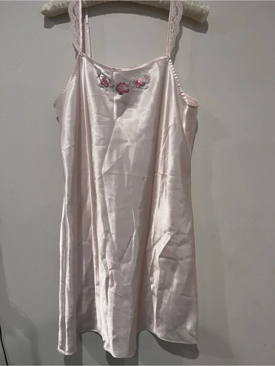 victoria Secret Light Pink Satin Slip Nightdress with Floral Embroidery
