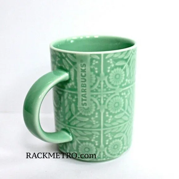 Starbucks Jade Green Floral Handle Coffee Mug Cup 12 oz