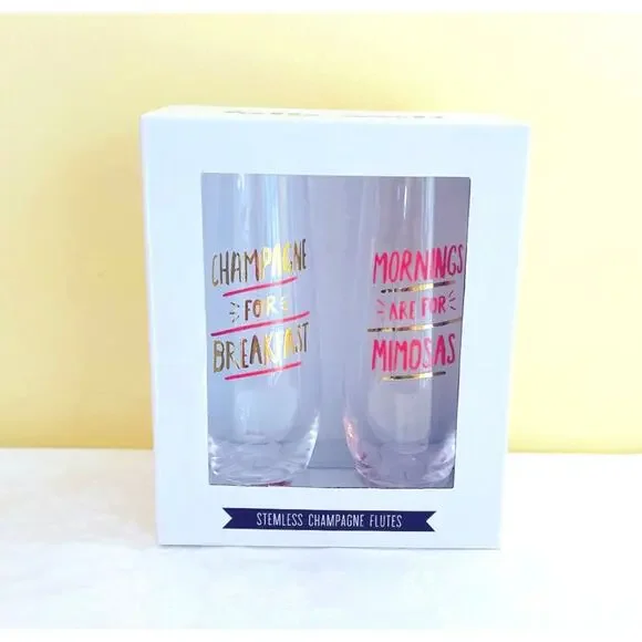 2 Stemless Champagne Mimosas Flute Glasses Hello World Gift Set About Face