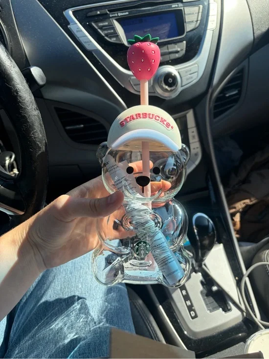 Starbucks Clear Bear Shaped Cold Cup with Pink Strawberry Straw