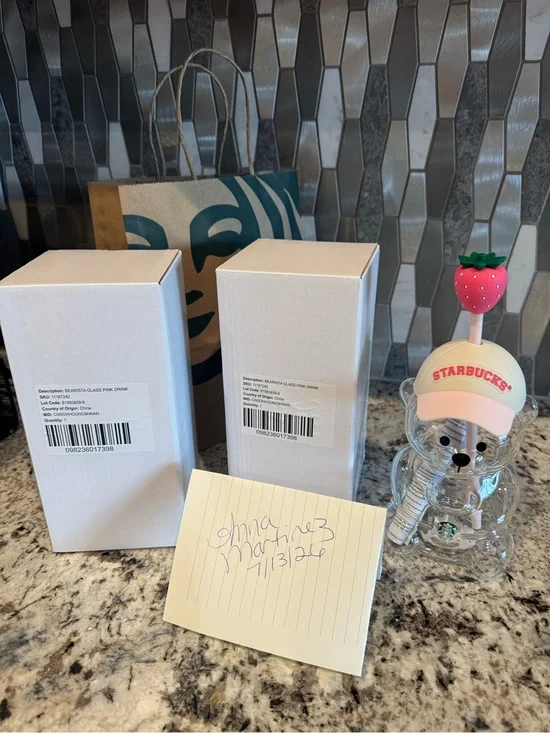 Starbucks Clear Bear Glass with Pink Cap and Strawberry Topper