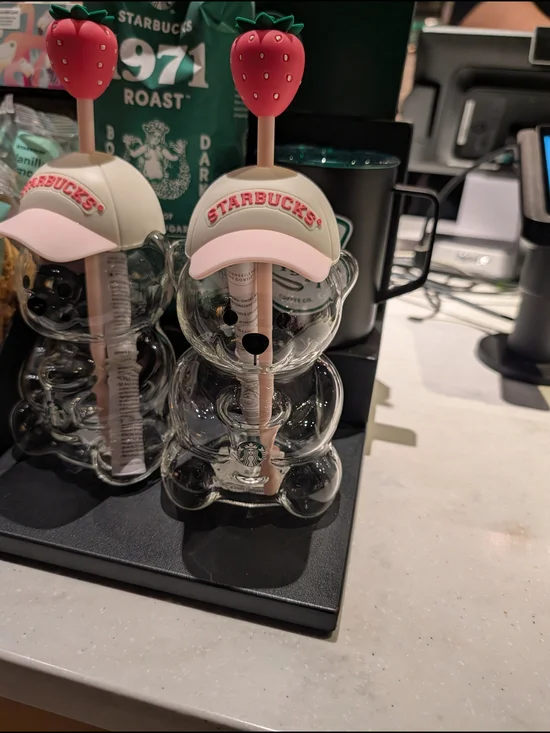 Starbucks Clear Bear Glass Bottle  Straw and Strawberry Topper Pink
