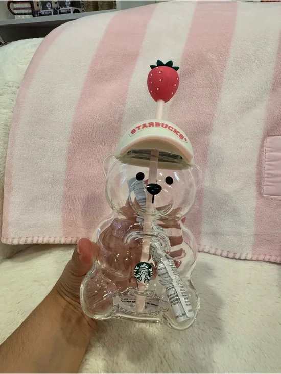 Starbucks Clear Bear Cup with Pink Strawberry Top