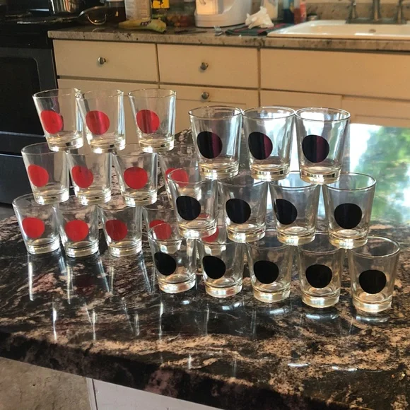 Set of 24 Polka Dot Shot Glasses - Red and Black