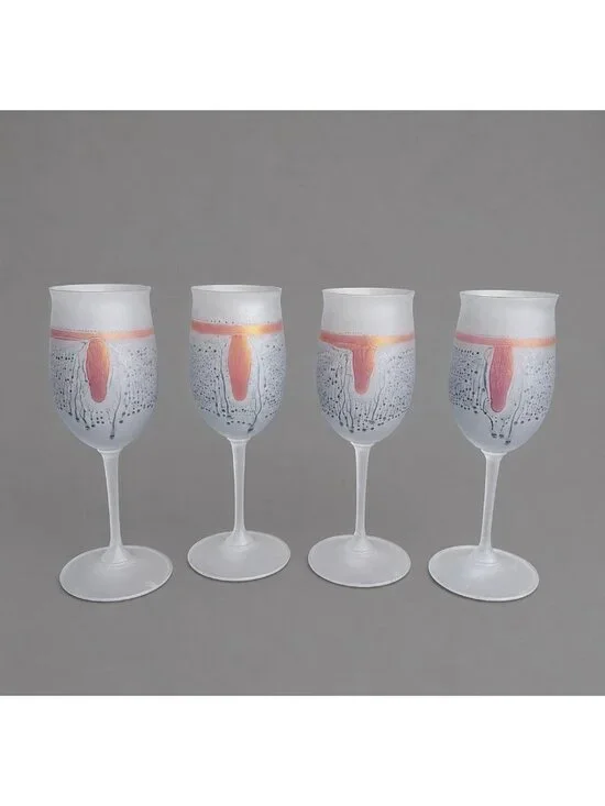 Vintage Set 4 Hand Painted Frosted Art Nouveau Satin Wine Glasses, Rueven Style
