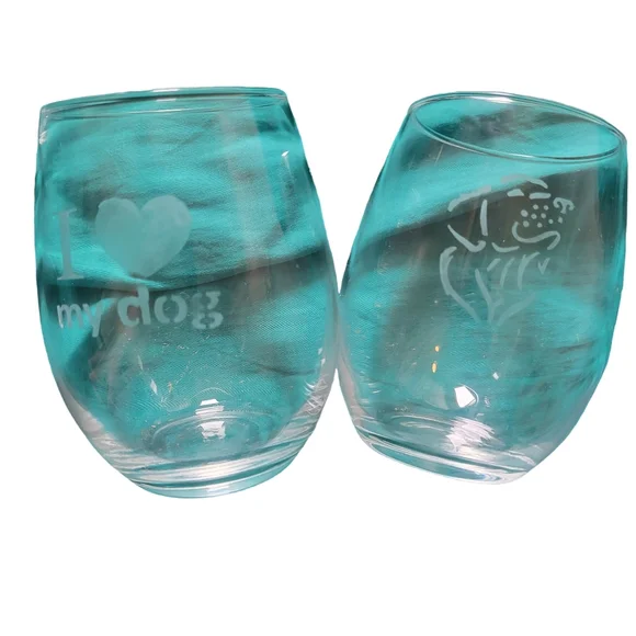 Handcrafted Etched Stemless Wine Glass Set