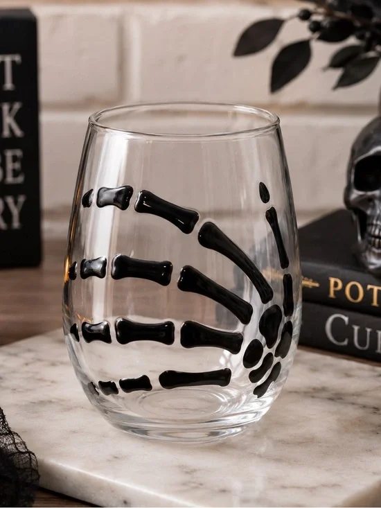 Stemless Halloween Skeleton hand wine glasses - painted