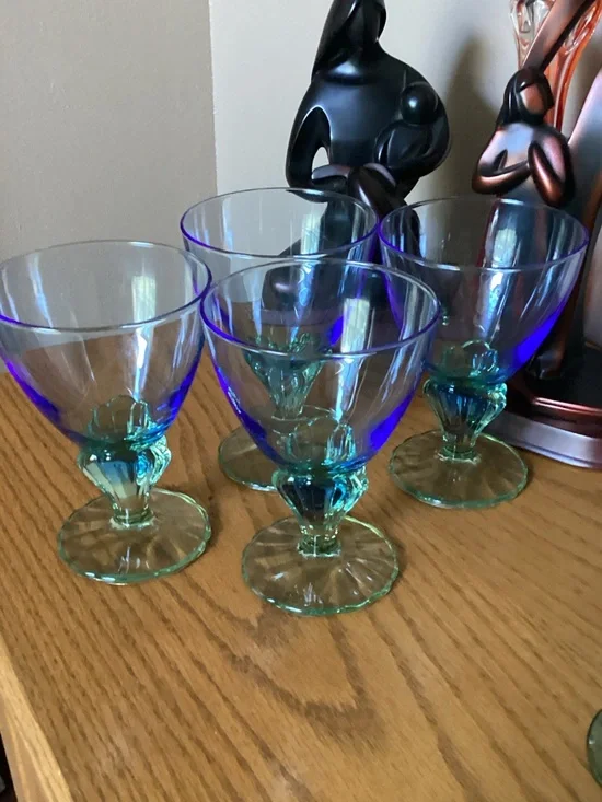 Set of 4 Two-Tone Blue and Green Glass Goblets