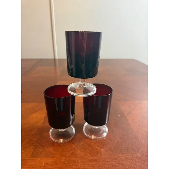 Vintage French Ruby Red Cordial Glasses Set of 3 Gothic Halloween Barware MCM