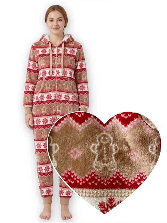 Holiday Time Womens XS 0-2 One Piece Pajamas Gingerbread Snowflake Hooded Fleece