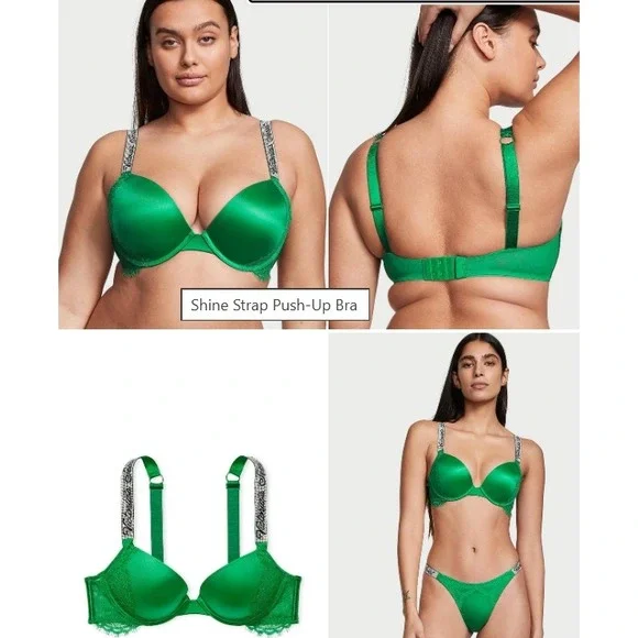 Victoria's Secret Very Sexy Shine Strap Push-Up Bra Size 34D Green Lace Trim