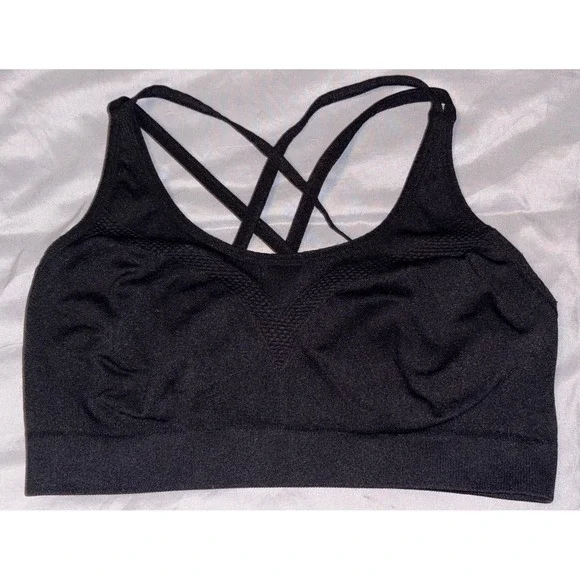 Women's Black Seamless Microfiber Strappy Back Medium‎ Impact Sports Bra, Large