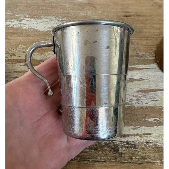 Antique vintage collapsible nickel travel whiskey band cup handle leather case