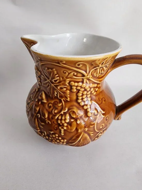 Vintage USA Brown Glazed Grape Vine Ceramic Creamer Pitcher 5.25”